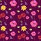 Seamless ditsy natural print for fabric with funny birds, butterflies, red and pink poppies, marigold and bell flowers