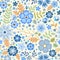 Seamless ditsy pattern with blue flowers on white background.