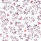 Seamless ditsy pattern - cute watercolor violet leaves, red and pink retro flying birds