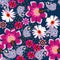 Seamless ditsy pattern with daisy, paisley and folkloric flowers in russian style. Print for fabric