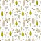 Seamless ditzy fall pattern from forest berries colorful tree leaves branches twigs in free hand doodle style. Cute nature print