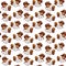Seamless doggy watercolor pattern of puppy portraits of white with brown dog jack russell terrier heads on a white background for