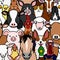 Seamless doodle farm animals faces color background