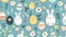 A seamless doodle pattern of Easter eggs, bunnies, chicks, and flowers with pastel colours.