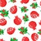 Seamless doodle pattern with isolated pomegranate and branches ornament. Green and red bright summer fresh print on white