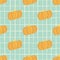 Seamless doodle pattern with orange pumpkin simple silhouettes. Blue background with check