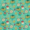 Seamless doodle pattern with pastries. Hand drawn illustration with cupcake  pancake cake pieces  donut  cookies  berries. Print
