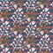 Seamless doodle random pattern with botanic branch shapes in grey and orange colors. Navy blue background with strips