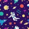 Seamless doodle space pattern. Trendy cute kids hand drawn graphic astronomy elements. Vector rocket star planet space