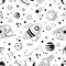 Seamless doodle space pattern. Trendy kids cosmos graphic elements, astronomy pencil sketch. Vector star planet meteor