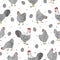 Seamless Easter chicken pattern with hens, roosters and eggs.