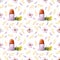 Seamless easter pattern with egg in stand, mimosa flower branch, blossom tree flowers and petal for textile, decor, packing