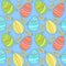 Seamless easter pattern with eggs and flowers on the blue background, scrapbooking paper, high quality for print, easter celebrat
