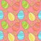 Seamless easter pattern with eggs and flowers on the red background, scrapbooking paper, high quality for print, easter celebratin