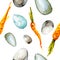 Seamless Easter pattern with eggsand carrots. Watercolor background. Vector
