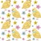 Seamless Easter pattern Watercolor hand drawn of yellow chiken, Spring flowers, willow, bow. Colorful bird, chikens baby