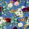 Seamless Elegance Pattern with Vintage Garden Flowers on Blue Background.