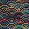 Seamless embroidered pattern. Wavy bohemian print. Patchwork ornament. Yellow, brown and blue colors.