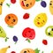 Seamless emoji pattern. Smiley emoticons fruits and berries: orange, lemon, pineapple, apple, pear, plum, strawberries, cherries.