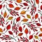 Seamless Endless Pattern of Barberry Leaves and Berries. Red, Orange and Yellow. Autumn or Fall Harvest Collection. Realistic Hand