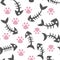 Seamless, endless pattern with cat s paw and fish bone on a dark background, vector illustration with pattern with cats paw prints