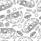 Seamless Endless Pattern with Falafel Pita or Meatball Salad in Pocket Bread. Arabic Israel Healthy Fast Food Bakery