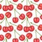 Seamless, endless pattern with red ripe cherries with stem isolated on a white background, Can be used in food industry for