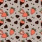 Seamless endless pattern with strawberry and chocolate crumbs , hand drawn elements on gray background