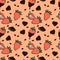 Seamless endless pattern with strawberry and chocolate crumbs , hand drawn elements on pink background