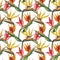 Seamless endless tropical pattern. Pink yellow orange strelitzia flower, bird of paradise. Hand-drawn watercolor