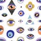 Seamless esoteric pattern with mystical eyeballs on white background. Occult texture with abstract evil eyes in doodle