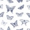 Seamless etched handdrawn pattern, butterflies print. Vintage drawn texture design, repeating monochrome background