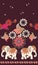 Seamless ethnic vintage pattern with cute cartoon indian elephants, mandala, flowers and paisley ornament on dark brown background