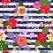 Seamless exotic floral pattern with hibiscus, clematis, nasturtium, rose, poppy, umbrella flowers, viburnum inflorescence