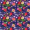 Seamless exotic floral pattern with hibiscus, clematis, nasturtium, rose, poppy, umbrella flowers, viburnum inflorescence