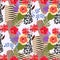 Seamless exotic patchwork pattern with stylized skin of zebra and leopard and tropical flowers and leaves. Print for fabric