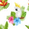 Seamless Exotic Pattern with Parrot Cockatoo and Tropical Leaves and Flowers