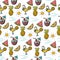 Seamless exotic pattern with tropical fruits and coctails.