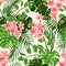 Seamless exotic pattern with tropical leaves and flowers.