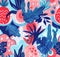 Seamless exotic pattern with tropical plants. Gouache background.