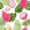 Seamless exotic watercolor dragon fruit pattern, pitaya background with palm leaves in watercolor style