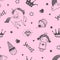 Seamless fairytale pattern with clouds, cupcakes, princess, unicorn, rainbow and crowns. Magic pink cartoon background