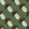 Seamless fall pattern with simple doodle mushroom silhouettes. Brown and grey colored ornament on green background