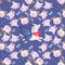 Seamless fantasy pattern with flying unicorns and blue butterflies among rose flowers