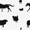 Seamless farm animals pattern black silhouette on white, vector