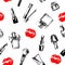 Seamless fashion and cosmetics background with make up artist objects: mascara, lipstick, perfume, with kisses . Vector