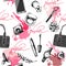 Seamless fashion and cosmetics background with make up artist objects. Vector illustration