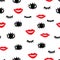 Seamless fashion pattern. Red lips, black eyes and eyelashes on
