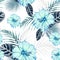 Seamless fashionable abstract graphical hand drawing blue hibiscus flowers and exotic leaves, print on white background.