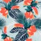 Seamless fashionable abstract graphical hand drawing orange hibiscus flowers print on vintage blue background.